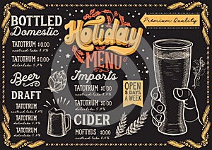 Christmas menu template for beer restaurant on a blackboard.