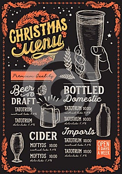 Christmas menu template for beer restaurant on a blackboard