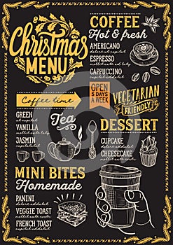 Christmas menu template for coffee shop on a blackboard background vector illustration brochure for xmas day celebration. Design