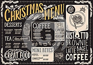 Christmas menu template for coffee shop on a blackboard vector illustration brochure for xmas day celebration. Design poster with