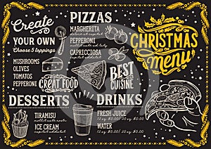 Christmas menu template for pizza restaurant on blackboard