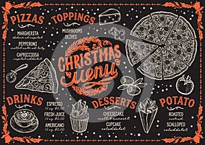Christmas menu template for pizza restaurant on blackboard. photo