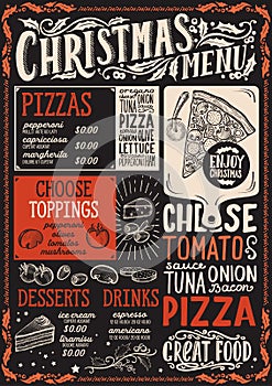 Christmas menu template for pizza restaurant and cafe on a blackboard background vector illustration brochure for xmas dinner