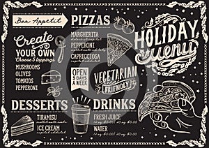 Christmas menu template for pizza restaurant and cafe on a blackboard background vector illustration for xmas dinner celebration.