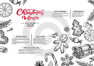 Christmas menu. Winter restaurant and cafe sketch template. Vect