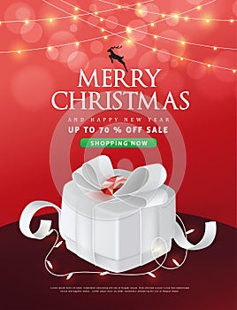 Merry Christmas and Happy New Year sale banner background with gift box paper art and craft style.