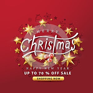 Merry Christmas and Happy New Year sale banner background with golden stars and christmas icon set.