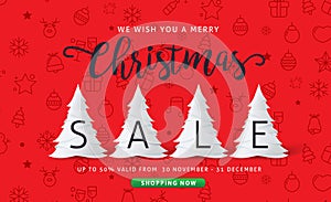 Merry Christmas and Happy New Year sale banner background with paper art and craft style