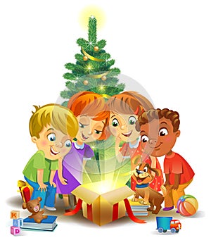 Christmas miracle - kids opening a magic gift beside a Christmas tree