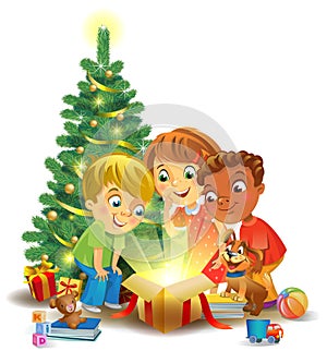 Christmas miracle - kids opening a magic gift beside a Christmas tree