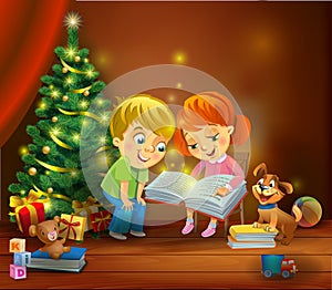 Christmas miracle - kids reading the book beside a Christmas tree