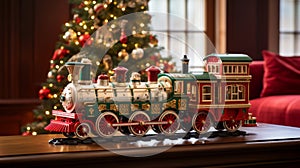 Christmas miracle. Magnificent train toy and Christmas tree decorated cozy interior