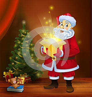 Christmas miracle - Santa Claus holding a box with a magic gift beside a Christmas tree