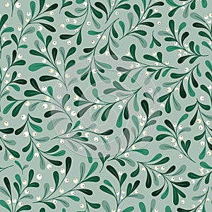 Christmas Mistletoe Foliage and Berries Vector Seamless Pattern