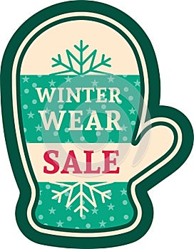 Christmas mitten. Christmas sticker vector illustration. Label with snow pattern