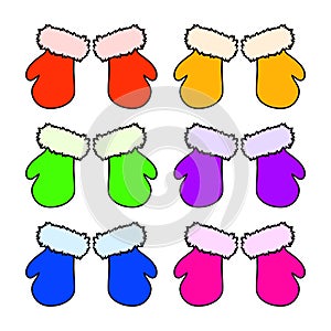 Christmas mittens set, cartoon gloves design, icon, symbol. Winter vector illustration isolated on white background.