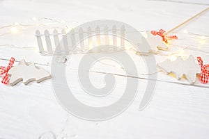 Christmas mock-up or greeting card on white wooden background in rustic style