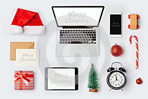Christmas mock up template with laptop computer for branding identity design. View from above.