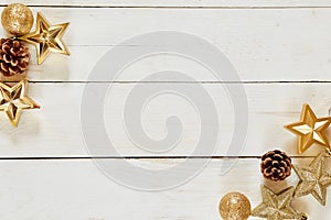 Christmas. Mockup christmas. Top view of gold christmas items cinnamon stars cones