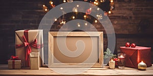christmas mockup with an empty wooden frame among wrapped gifts and balls