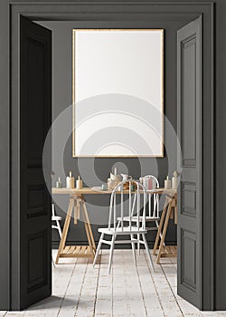 Christmas mockup with a poster on the background of a dinner table.3D rendering