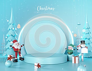 Christmas mockup stage with empty platform for product presentation. Santa Claus with Elf and Snowman on light blue background