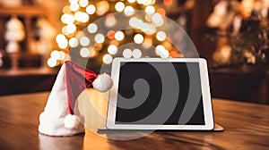 Christmas Mockup: Tablet with Santa Hat on Winter Holiday Background.