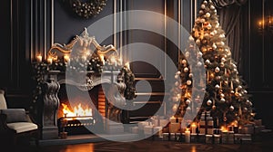 Christmas in Modern house with big fireplace, couch and Christmas Tree.