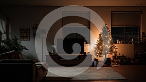 Christmas in Modern house interior with big windows inspired by minimalism.
