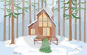 Christmas modern house in the winter pine forest near a frozen lake. Modern flat design concept. Cartoon winter landscape vector