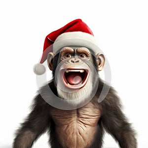 Christmas Monkey: Smiling Chimpanzee With Santa Hat On White Background