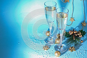 Christmas mood. Glasses with champagne. New Year.