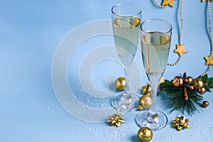 Christmas mood. Glasses with champagne. New Year.
