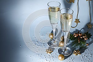 Christmas mood. Glasses with champagne. New Year.