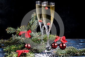 Christmas mood. Glasses with champagne. New Year.