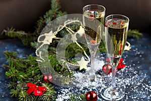 Christmas mood. Glasses with champagne. New Year.