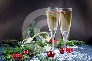 Christmas mood. Glasses with champagne. New Year.