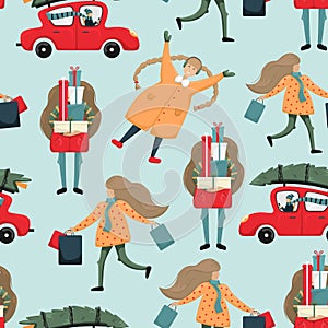 Christmas mood. Seamless pattern with people in fuss for a Christian holiday