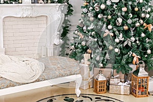 Christmas morning. classic luxury apartments with a white fireplace, decorated christmas tree. Holiday card.
