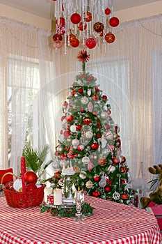 Christmas morning, home decor, balls hanging on the Christmas tree.