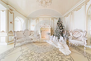 Christmas morning. luxury classic apartments with a white fireplace.