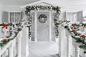 Christmas morning. porch a small house with a decorated door with a Christmas wreath. Winter fairy tale. photo