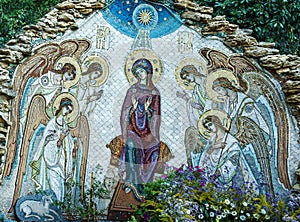 Christmas mosaic icon of Virgin Mary with angels in Orthodox Christian monastery in Odessa, Ukraine