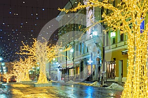 Christmas in Moscow. Festively decorated Kamergersky lane in Mos