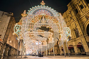 Christmas in Moscow. Festively decorated Nikolskaya street