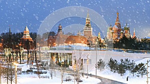 Christmas in Moscow. Park Zaryadye, view of the Moscow Kremlin