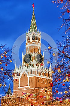 Christmas in Moscow. Spasskaya Tower in festive decoration