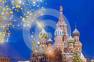 Christmas in Moscow. St. Basil`s Cathedral on Red Square in Moscow