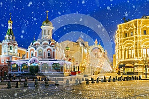 Christmas in Moscow. View of the Nikolskaya street. The inscription on the church in Russian: with Christmas Christ and the New Y