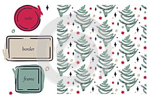 Christmas motif frames, seamless pattern Set. Hand drawn doodle cartoon style design, ink blob brush line strokes